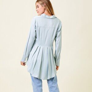 MYSTREE Light Blue Button Down Blouse Long Sleeve High Low Hem with Pleated Back